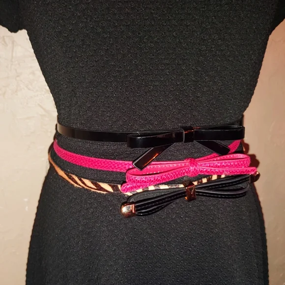 White House Black Market 3 Thin Textured Waist Belts Bows Black Red Animal Print - Picture 2 of 16
